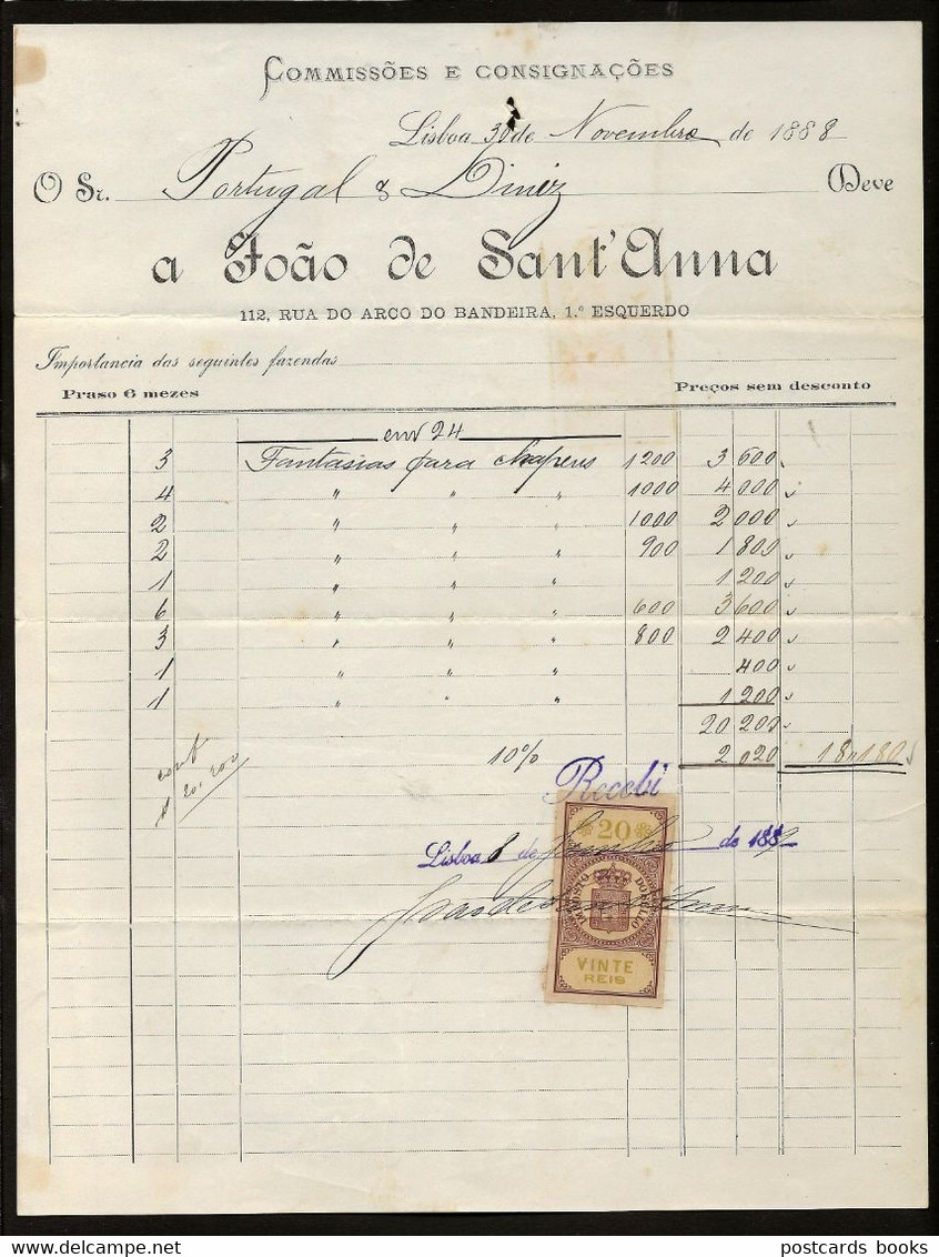 Selo Fiscal 20 Reis PORTUGAL 1888. Carta Assinada P/ Dono JOÃO De SANT'ANNA Rua Arco Bandeira LISBOA - Briefe U. Dokumente