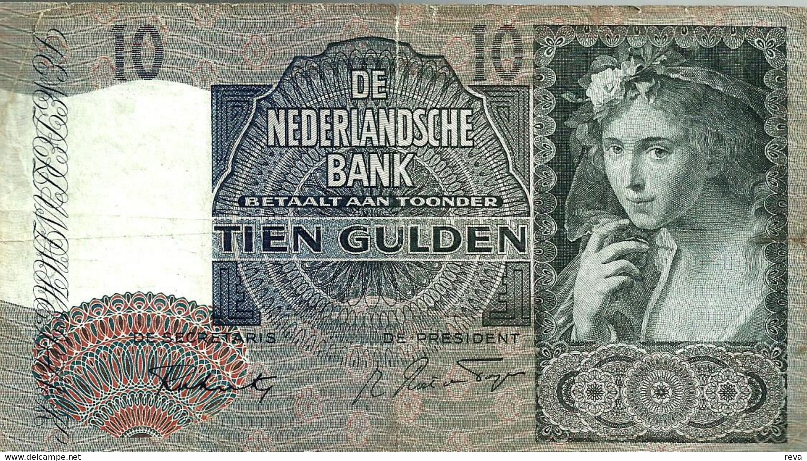 NETHERLANDS 10 GULDEN BLUE WOMAN  FRONT & MOTIF BACK 02-03-1942 P56c AVF READ DESCRIPTION!! - 10 Gulden