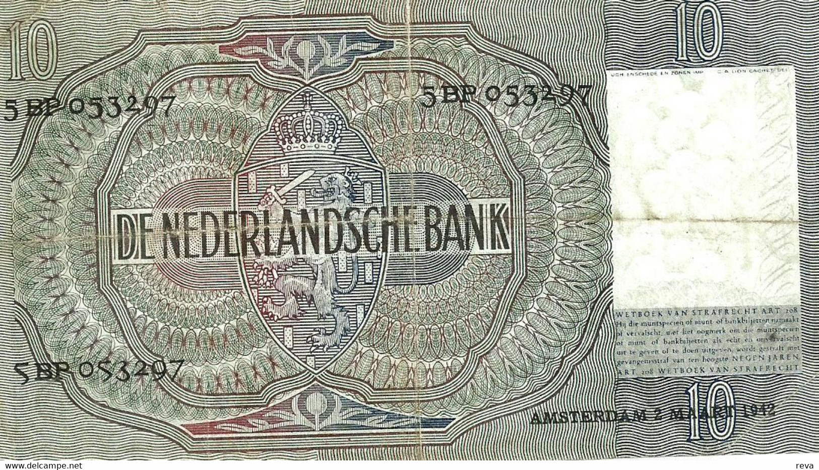 NETHERLANDS 10 GULDEN BLUE WOMAN  FRONT & MOTIF BACK 02-03-1942 P56c AVF READ DESCRIPTION!! - 10 Florín Holandés (gulden)