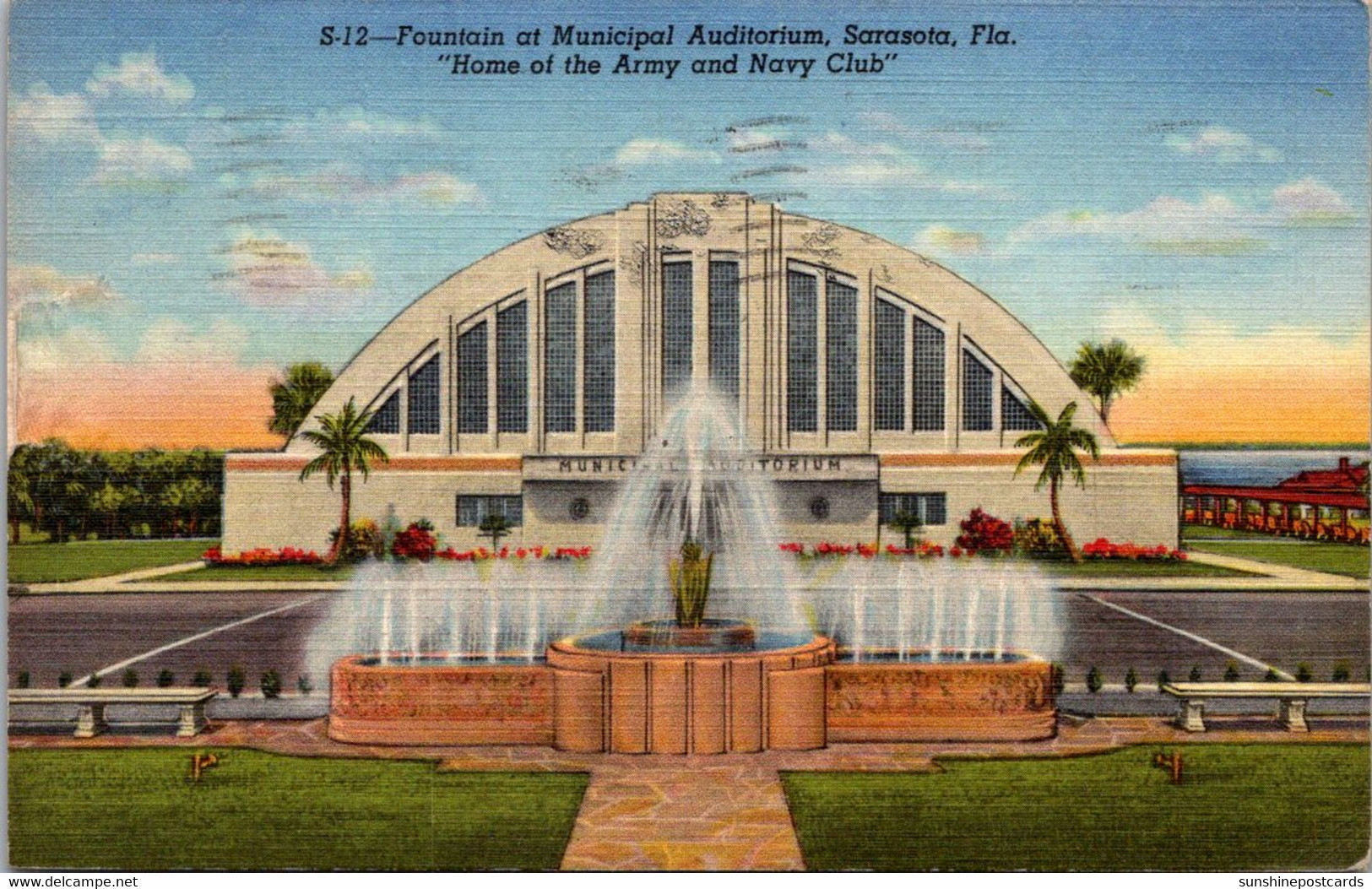 Florida Sarasota Fountain At Municipal Auditorium 1943 Curteich - Sarasota