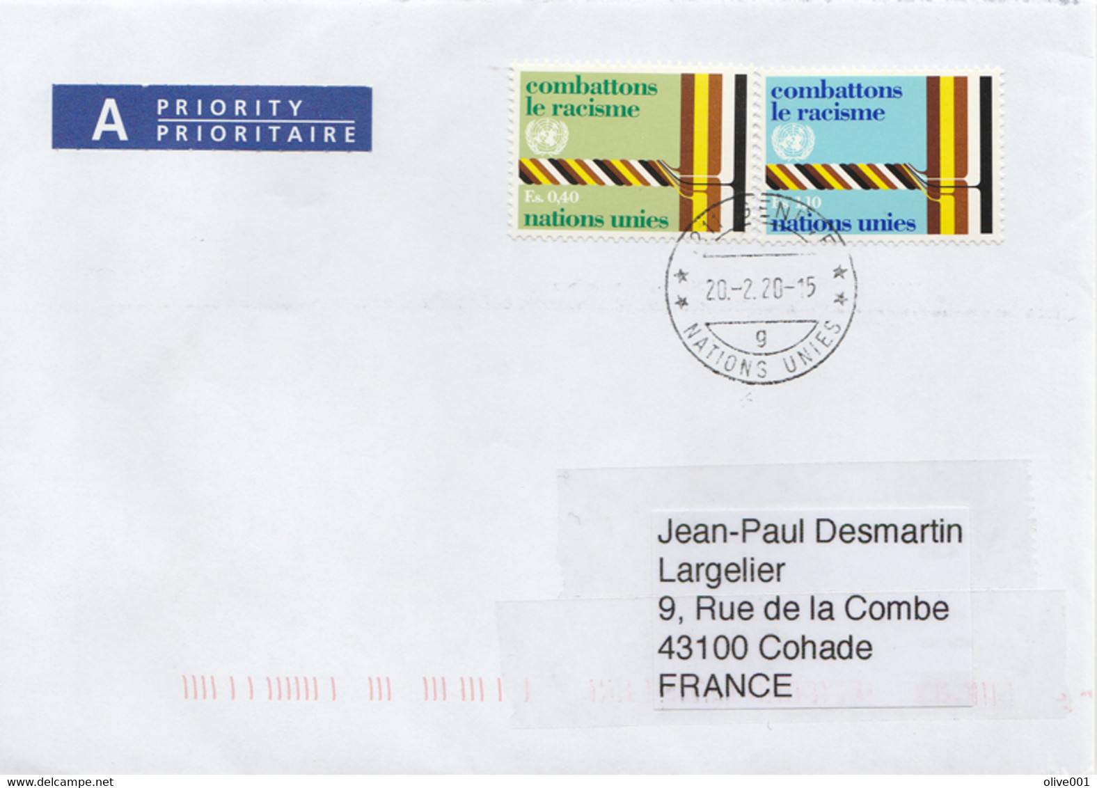 Lettre Voyagée Des Nations-Unies Genève Suisse Pour Cohade Haute-Loire (43) France Le 20/02/2020 Tp Zum N° 69/70 - Covers & Documents