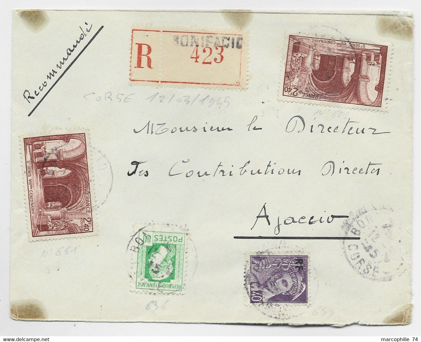 FRANCE N° 636+ 659+661X2 LETTRE REC BONIFACIO CORSE 12.3.1945 AU TARIF RARE - 1944 Coq Et Maríanne D'Alger