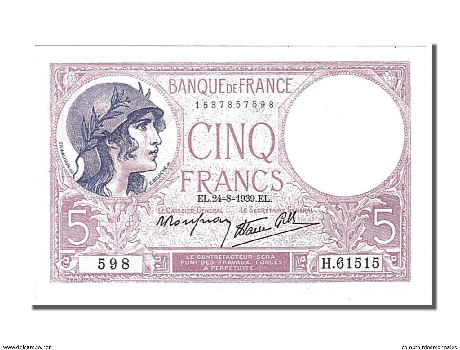 Billet, France, 5 Francs, 5 F 1917-1940 ''Violet'', 1939, 1939-08-24, SPL - 5 F 1917-1940 ''Violet''