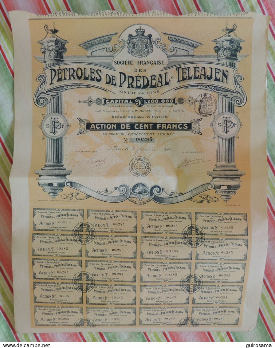 Société Française Des Pétroles De Prédéal-Téléajen (Roumanie) - Action De 100 Francs 1901/1911 (285) - Aardolie