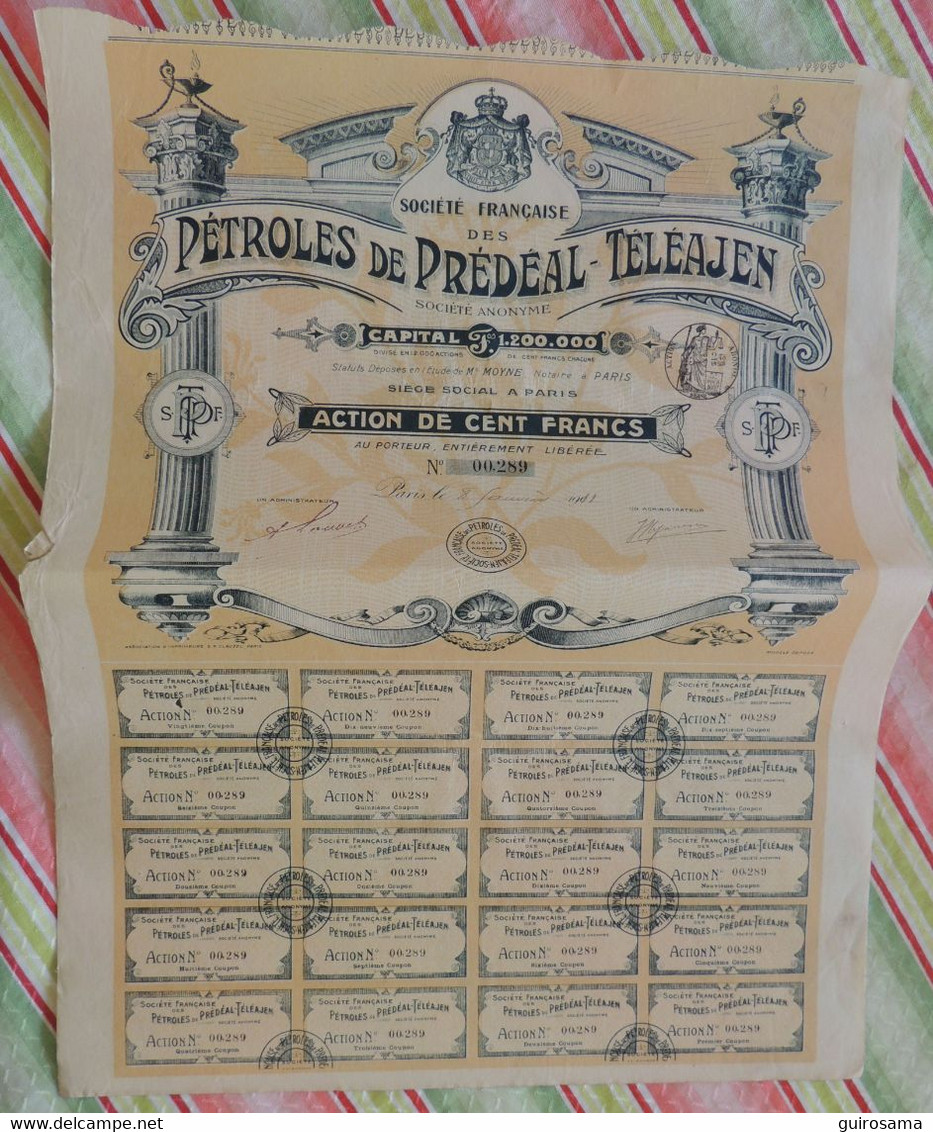 Société Française Des Pétroles De Prédéal-Téléajen (Roumanie) - Action De 100 Francs 1901/1911 (289) - Erdöl