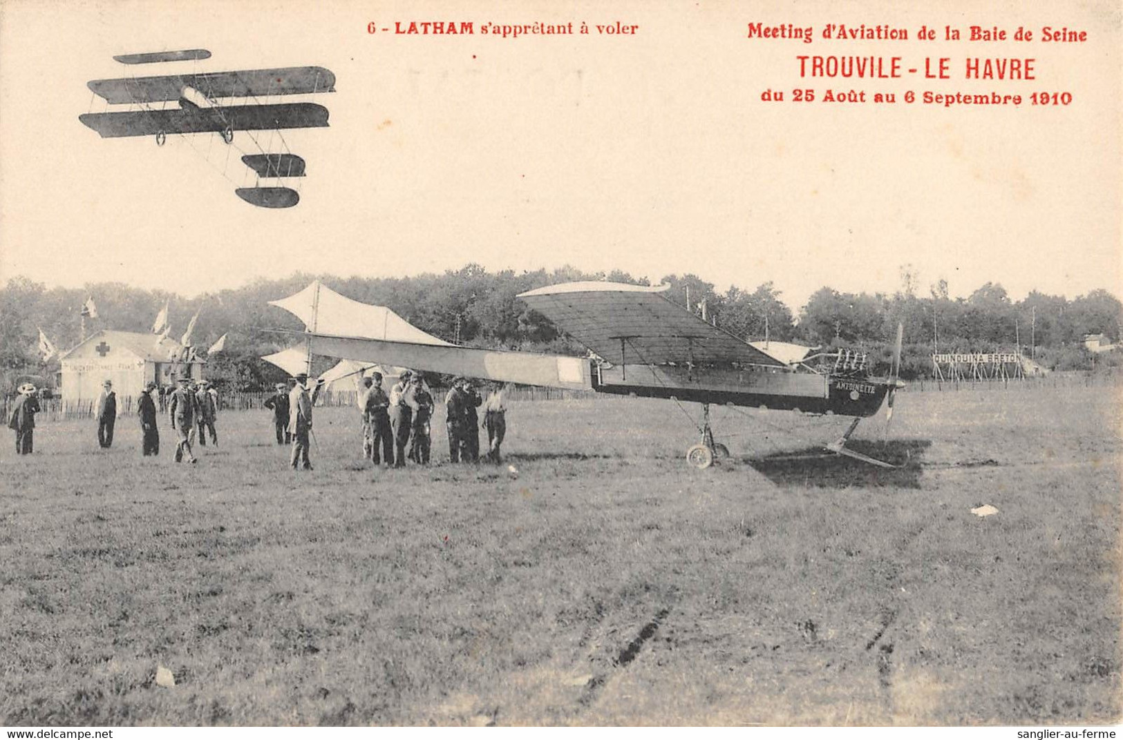 CPA 14 MEETING AVIATION BAIE DE SEINE TROUVILLE LE HAVRE 1910 LATHAM S'APPRETANT A VOLER - Trouville