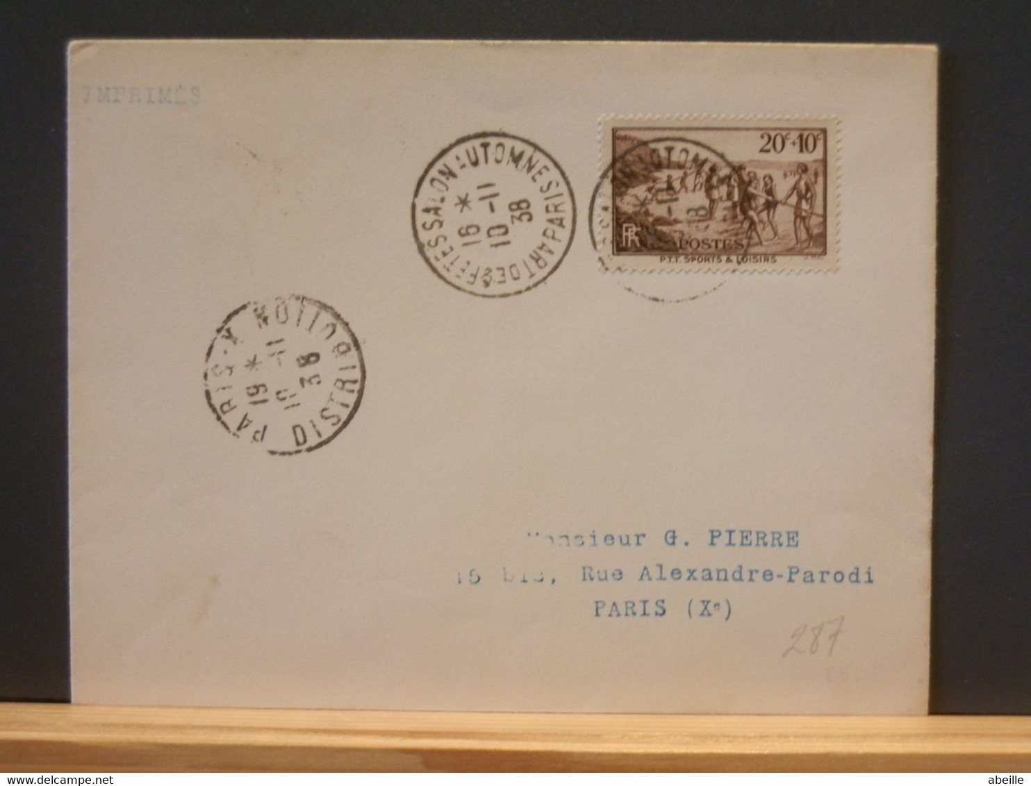 FRANCE/287 : LETTRE  YV. NR. 345 SEULE S/LETTRE. DE PARIS  POUR PARIS 1938 IMPRIMES - Covers & Documents