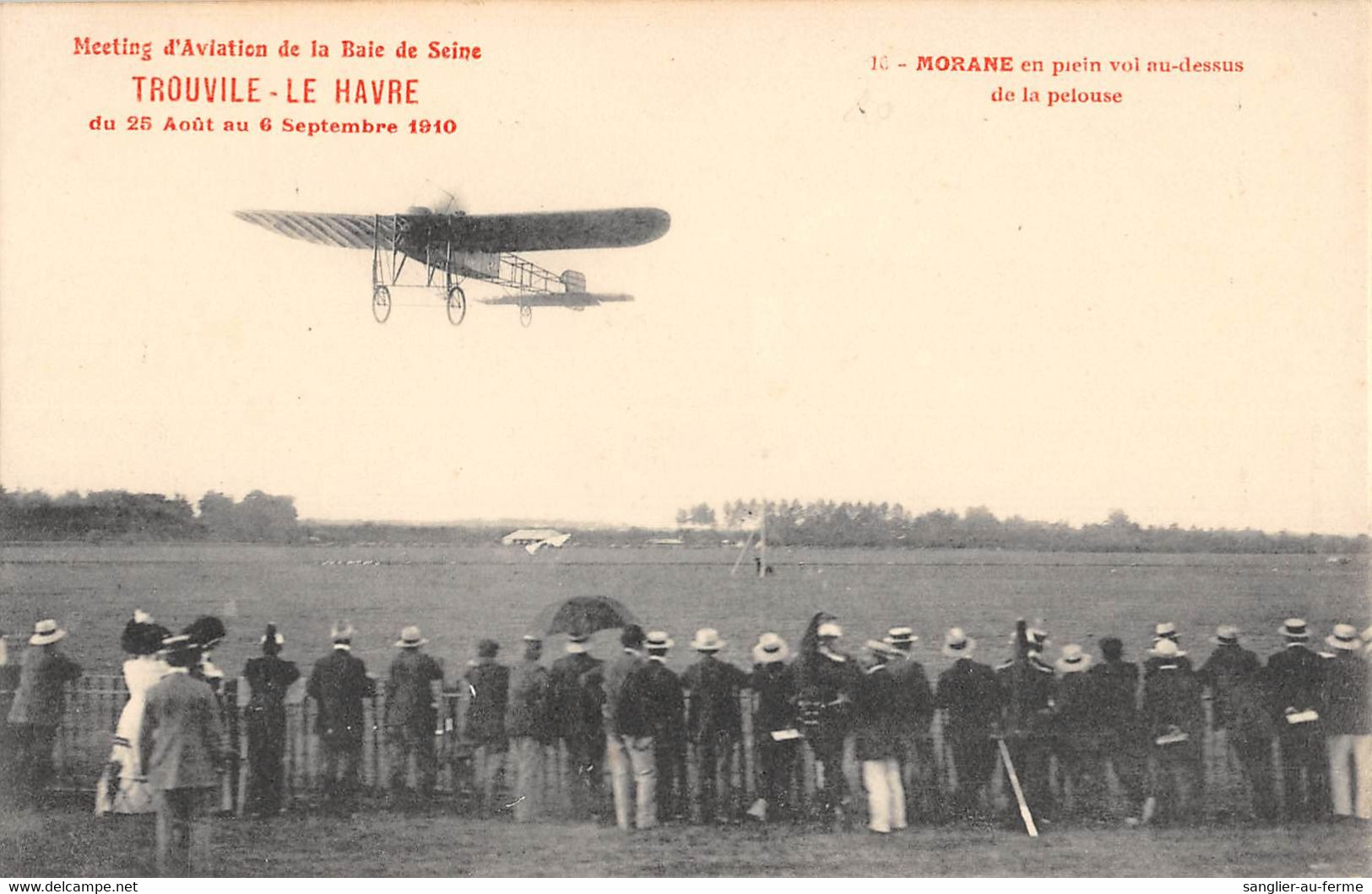CPA 14 MEETING AVIATION BAIE DE SEINE TROUVILLE LE HAVRE 1910 MORANE EN PLEIN VOL - Trouville