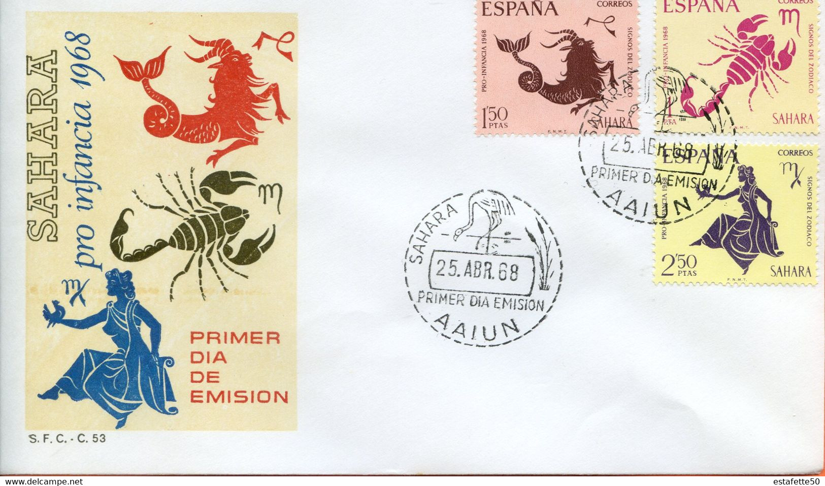 Maroc; FDC,sobre 1er Dia; 1968 " Sahara Espagnol  " Pro Infancia "Morocco;Marruecos - Sahara Español