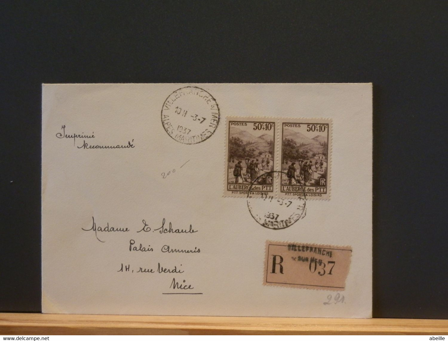 FRANCE/291 :  LETTRE RECOMM. YV. NR. 347 PAIRE  DE VILLEFRANCE POUR NICE . 1937 IMP. RECOMM  1F - Covers & Documents