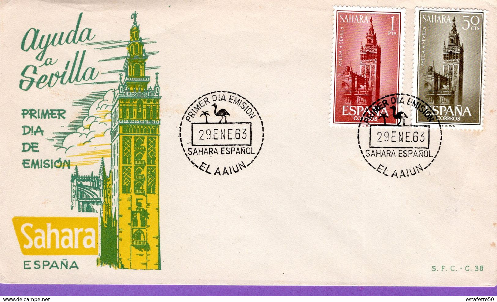 Maroc, FDC Primer Dia 1963" Sahara Espagnol  " Ayuda A Sevilla "Morocco;Marruecos - Sahara Español