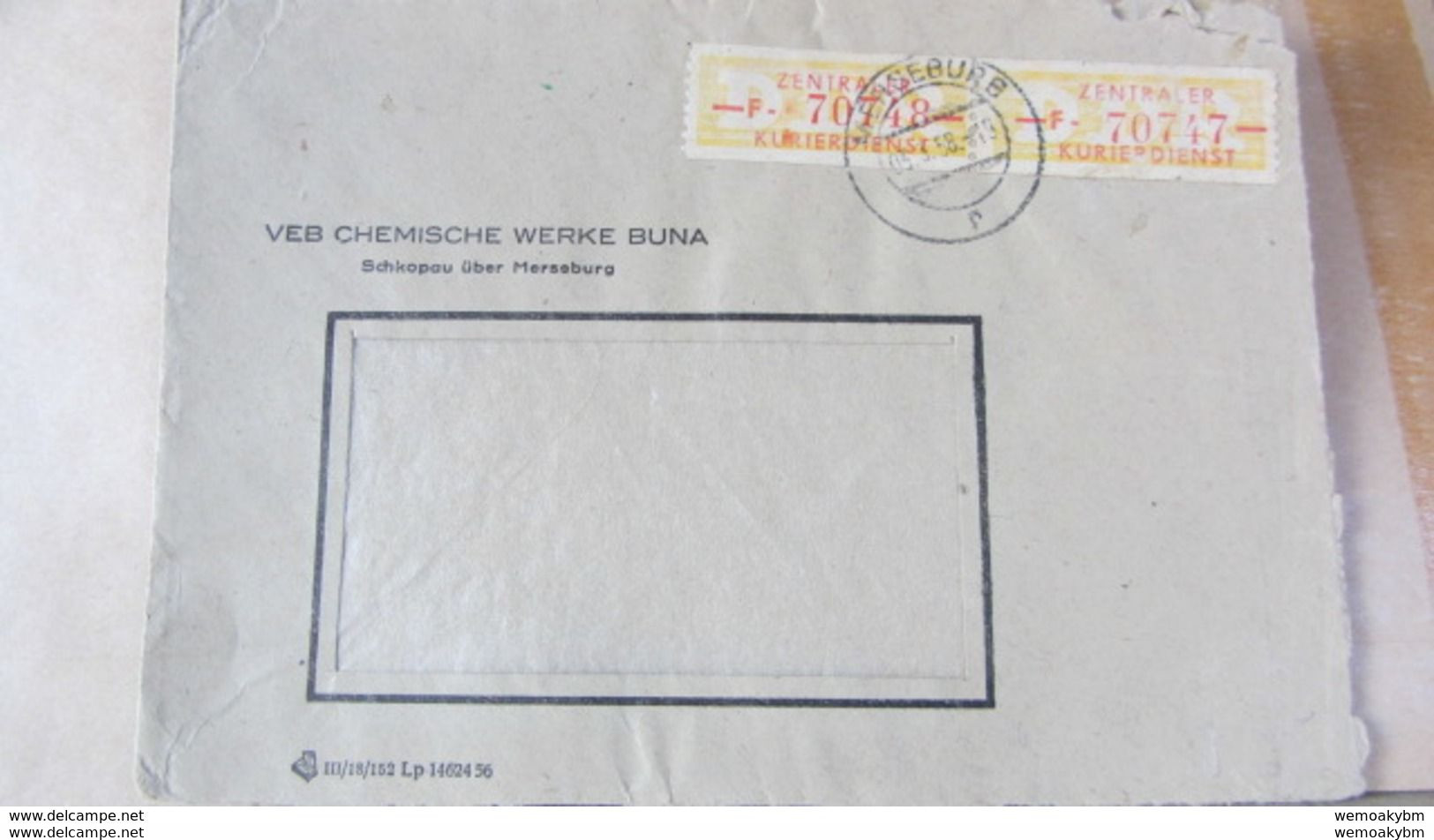DDR: Fern-Bf ZKD-Streifen Gelb/rot Kennbuchst. F 70747/8 Aus Merseburg -- MeF, VEB Chemische Werke BUNA 3.3.58 - Central Mail Service
