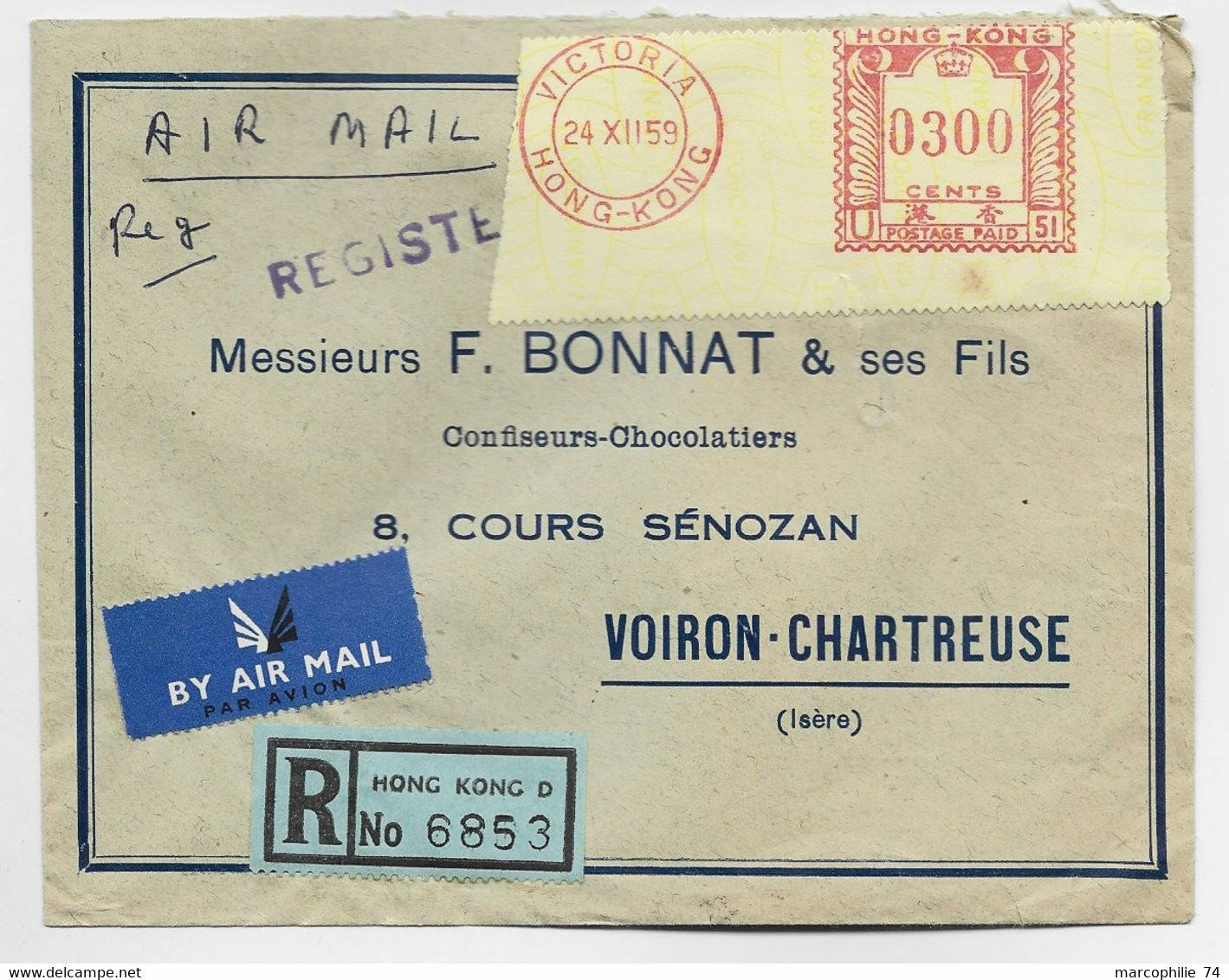 EMA HONG KONG 0300  CENTS VICTORIA 24.XII.1959 LETTRE COVER REC AIR MAIL TO FRANCE - Automaten