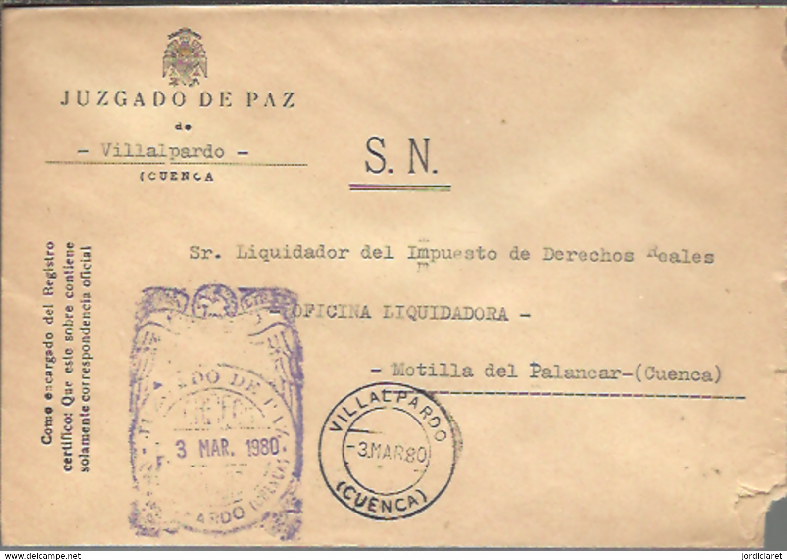 JUZGADO DE PAZ  VILLAPARDO  CUENCA - Postage Free