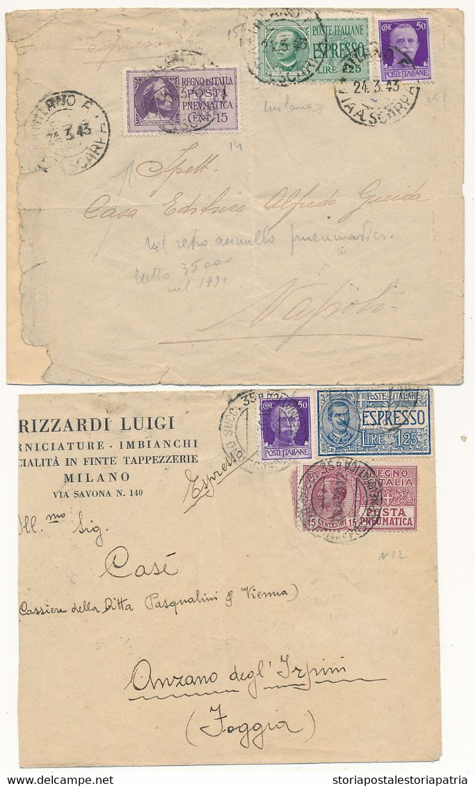 1930/43 POSTA PNEUMATICA 4 LETTERE DUE CON AGGIUNTA ESPRESSO 0,15 CENT LEONI E DANTE - Poste Pneumatique