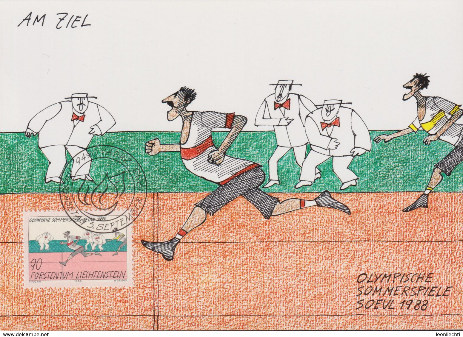 1988 Liechtenstein MC 83 Mi: LI 949°, Y&T: LI 890°, ZNr. LI 890°, Olympische Sommerspiele Seoul, Am Ziel , Läufer - Storia Postale