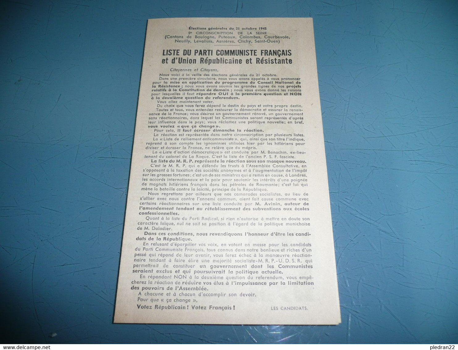 ELECTIONS DU 21 OCTOBRE 1945 LISTE DU PARTI COMMUNISTE FRANCAIS 5è CIRCONSCRIPTION DE LA SEINE AVEC PORTRAITS - Programmes