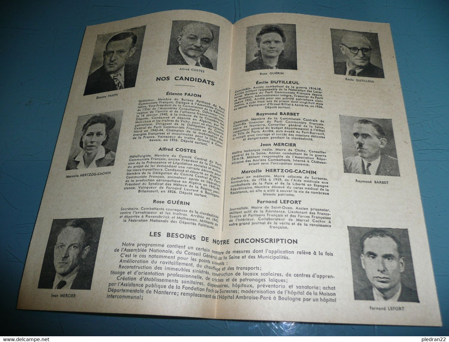 ELECTIONS DU 21 OCTOBRE 1945 LISTE DU PARTI COMMUNISTE FRANCAIS 5è CIRCONSCRIPTION DE LA SEINE AVEC PORTRAITS - Programs