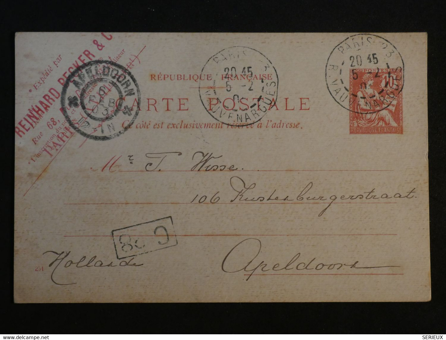 BN3 FRANCE  BELLE CARTE ENTIER MOUCHON 1903 PARIS A APELDOORN HOLLANDE  ++AFFRANCH. INTERESSANT - Other & Unclassified