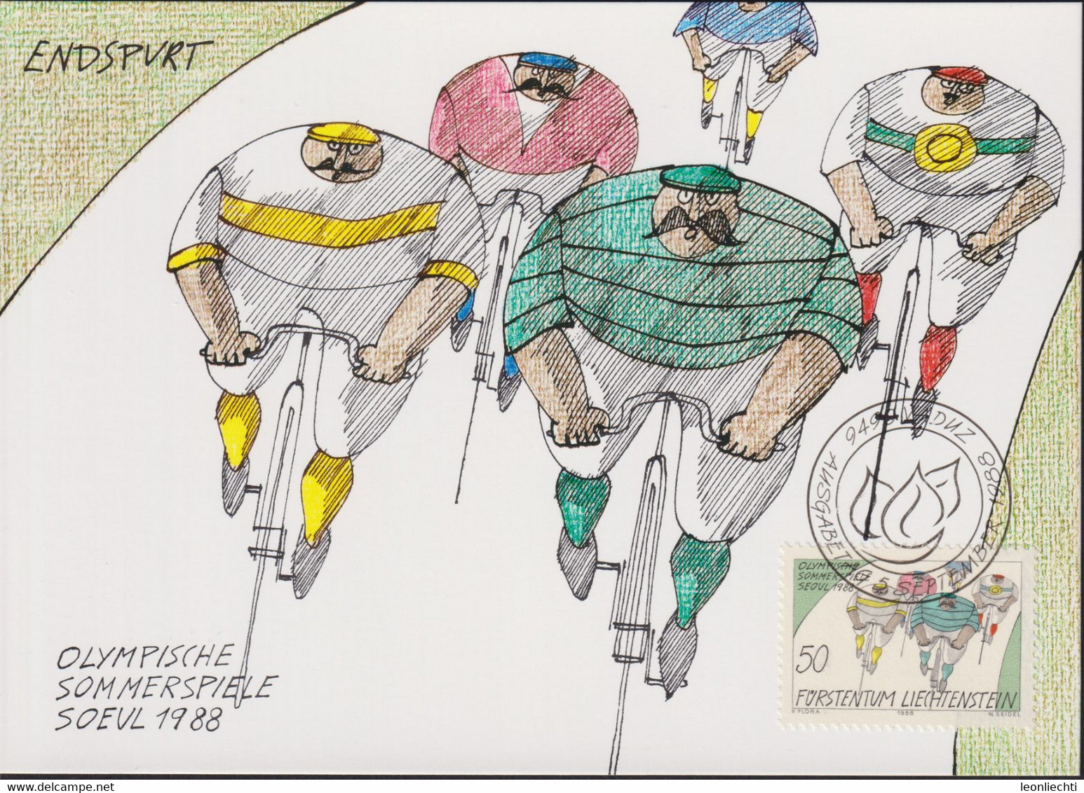 1988 Liechtenstein MC 83 Mi: LI 949°, Y&T: LI 890°, ZNr. LI 890°, Olympische Sommerspiele Seoul, Radfahrer Endspurt - Andere & Zonder Classificatie