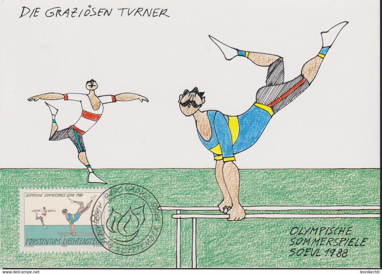 1988 Liechtenstein MC 83 Mi: LI 948°, Y&T: LI 889°, ZNr. LI 889°, Olympische Sommerspiele Seoul, Graziöse Turner - Covers & Documents