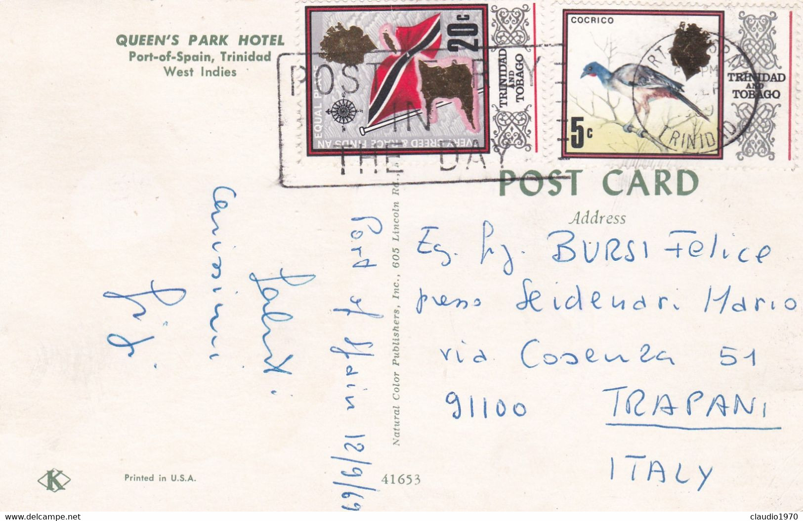 TRINIDAD - CARTOLINA - QUEEN' S PARK HOTEK - VIAGGIATA PER  TRAPANI -ITALIA - 1969 - Trinidad