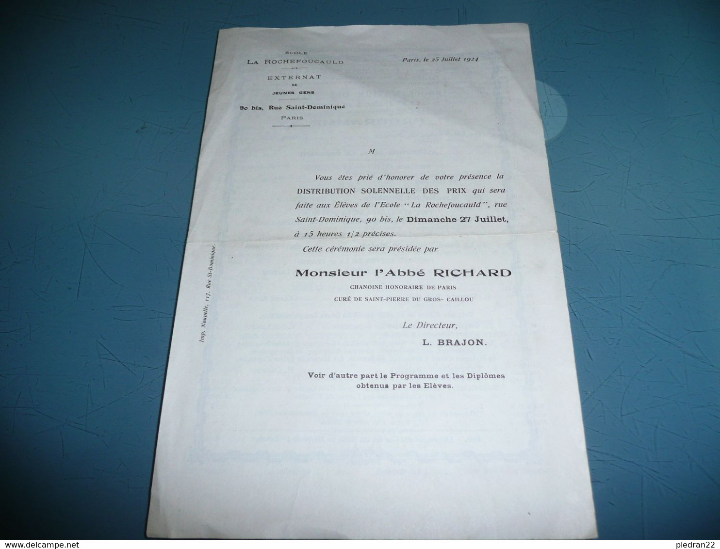 ECOLE LA ROCHEFOUCAULD PARIS PROGRAMME DE LA DISTRIBUTION DES PRIX 25 JUILLET 1924 NOMS DES ELEVES - Programme