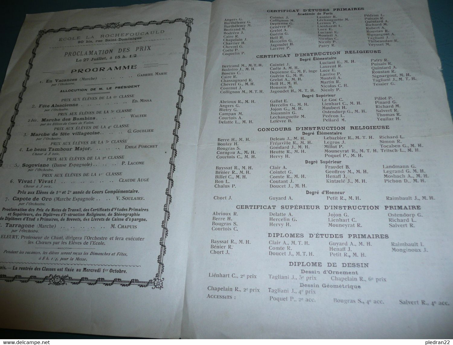 ECOLE LA ROCHEFOUCAULD PARIS PROGRAMME DE LA DISTRIBUTION DES PRIX 25 JUILLET 1924 NOMS DES ELEVES - Programmes