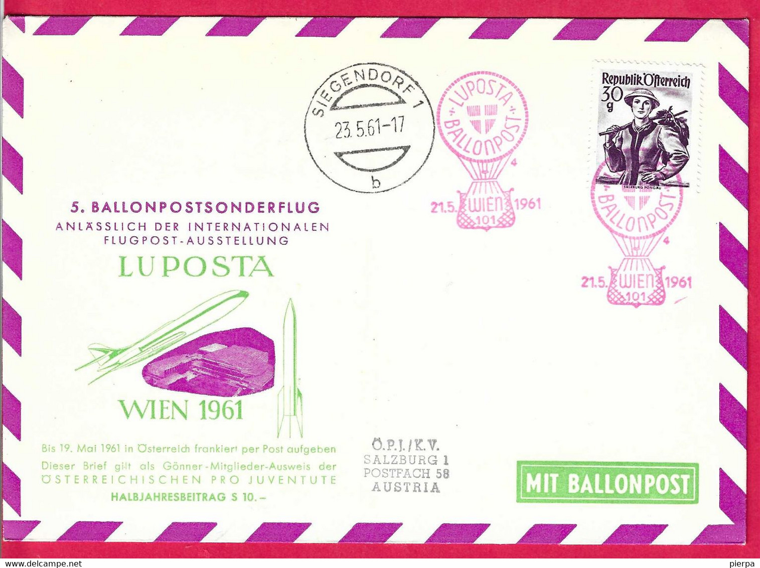 AUSTRIA -  LUPOSTA BALLONPOST- WIEN. 21.5.1961 TO SIEGENDORF - ON OFFICIAL ENVELOPE - Par Ballon