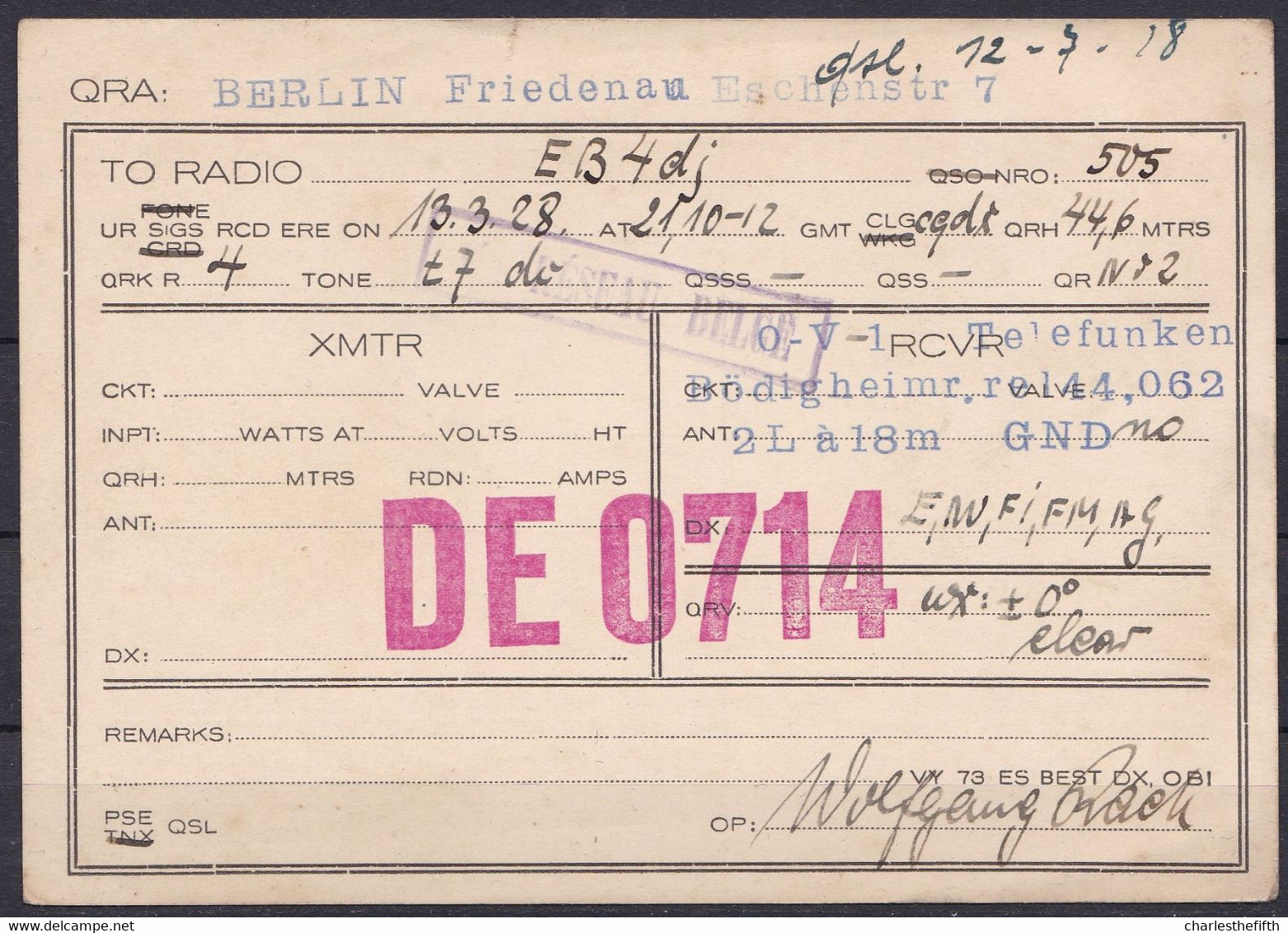 BERLIN FRIEDENAU 1928 - SHORT WAVE - AMATEUR RADIO STATION DE 0714 To EB4DJ VIA BERLIN - RADIOAMATEUR QSL - CB RADIOL - Andere & Zonder Classificatie