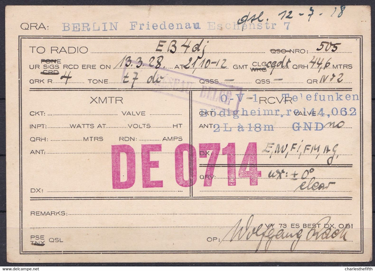 BERLIN FRIEDENAU 1928 - SHORT WAVE - AMATEUR RADIO STATION DE 0714 To EB4DJ VIA BERLIN - RADIOAMATEUR QSL - CB RADIOL - Sonstige & Ohne Zuordnung