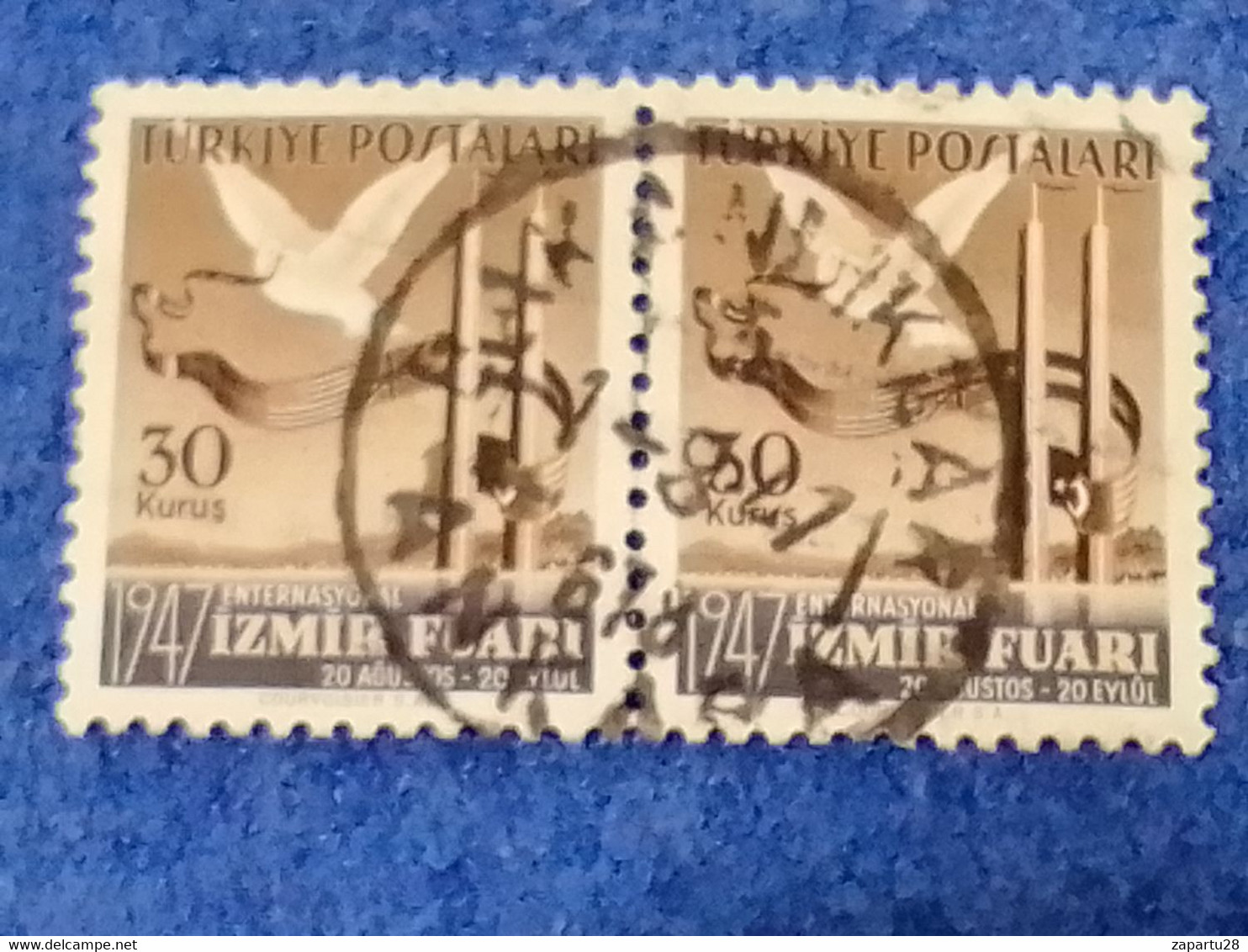 TÜRKİYE.-1940-50-   60K   15K  1947 İZMİRT FUARI DBL. DAMGALI - Usati