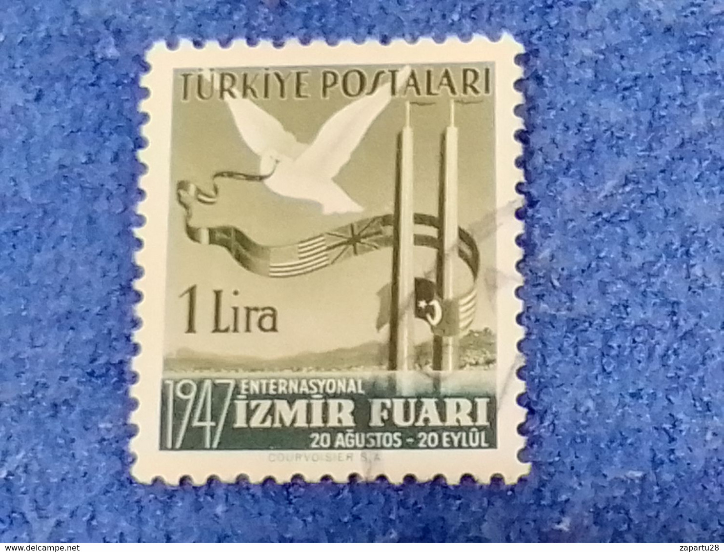 TÜRKİYE.-1940-50-     1LİRA  1947 İZMİR FUARI DBL. DAMGALI - Oblitérés