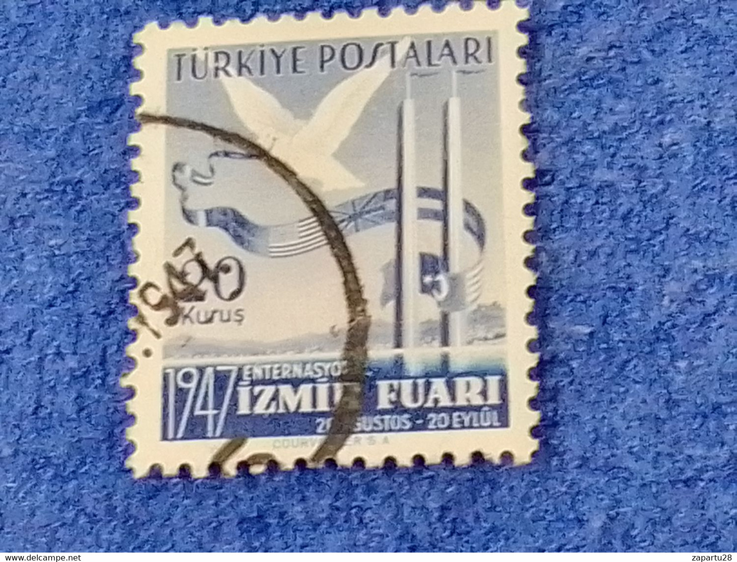 TÜRKİYE.-1940-50-     1LİRA  1947 İZMİR FUARI DBL. DAMGALI - Gebraucht