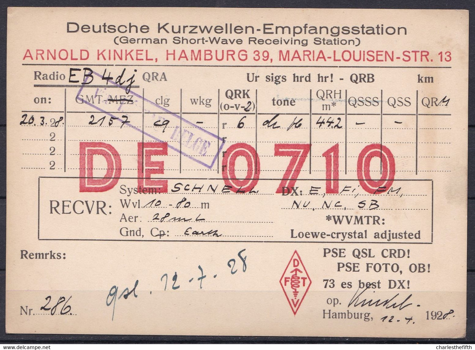 HAMBURG 1928 - SHORT WAVE - AMATEUR RADIO STATION DE 0710 To WVMTR VIA BERLIN - RADIOAMATEUR QSL - CB RADIOL - Other & Unclassified