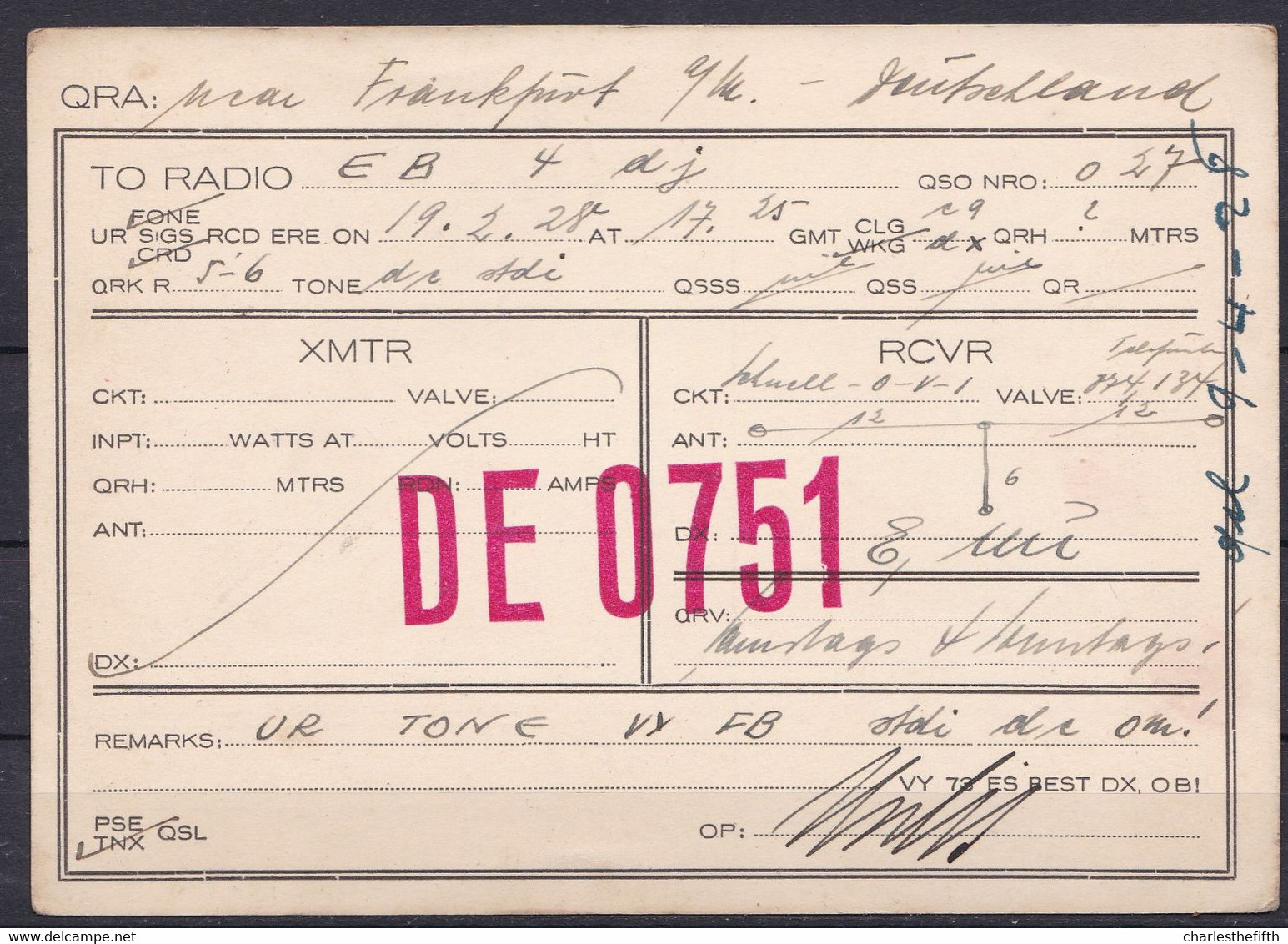 FRANKFURT 1928 - SHORT WAVE - AMATEUR RADIO STATION DE 0751 To EB4DJ BERLIN - RADIOAMATEUR QSL - CB RADIO - Altri & Non Classificati