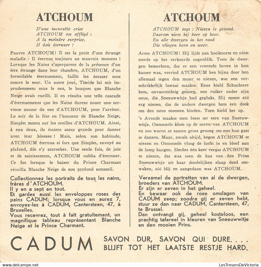 Publicité Cadum - Atchoum - Disney - Colorisé - Carte Publicitaire - Format 14/14 Cm - Reclame