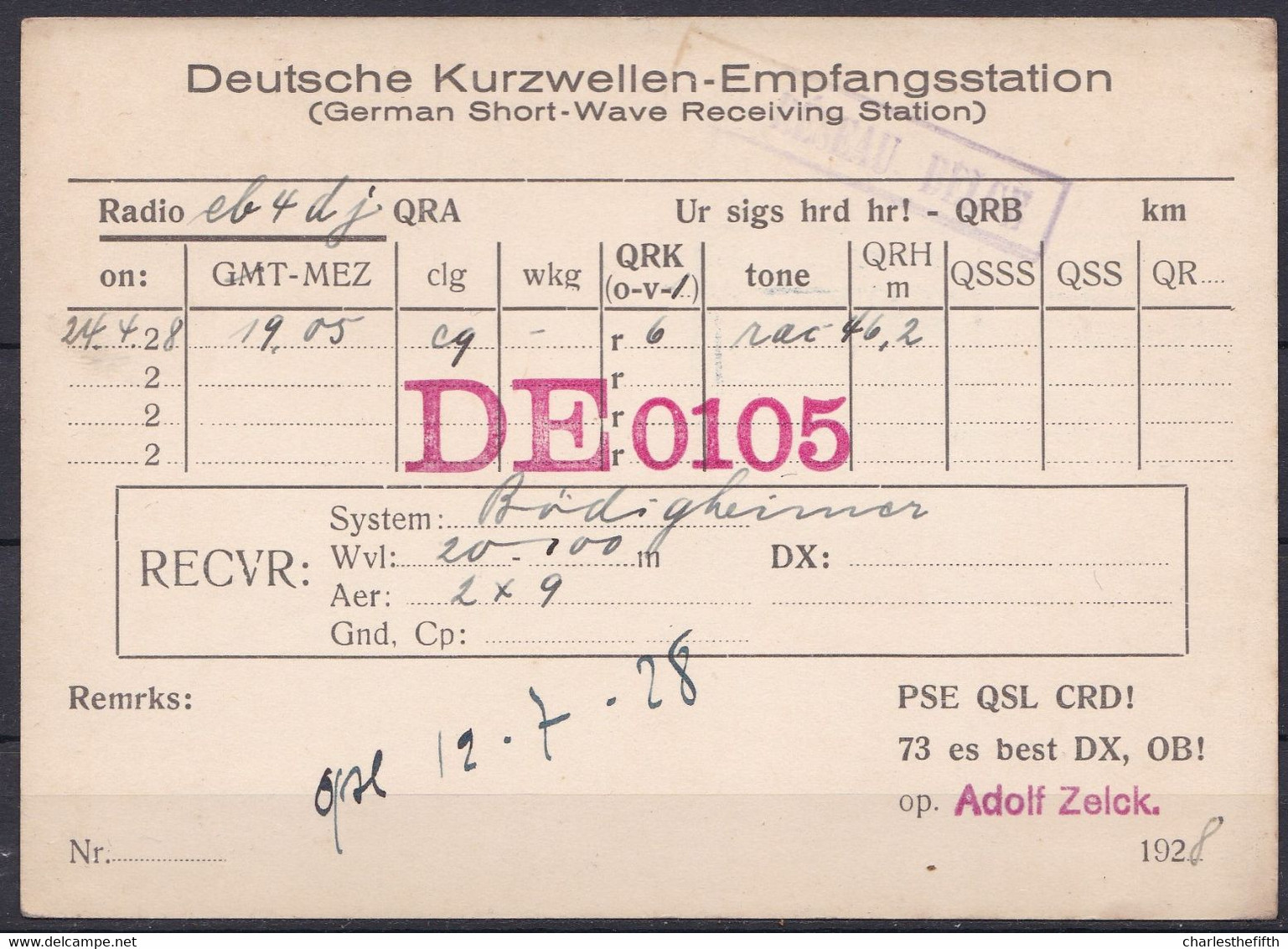 GERMAN 1928 - SHORT WAVE - AMATEUR RADIO STATION DE 0105 To D.F.T.V BERLIN - RADIOAMATEUR QSL - CB RADIO - Andere & Zonder Classificatie