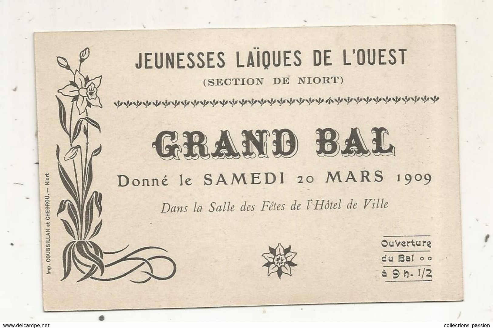 Publicité, GRAND BAL ,  1909,  Jeunesses Laïques De L'Ouest,section De NIORT ,Deux Sèvres - Publicités