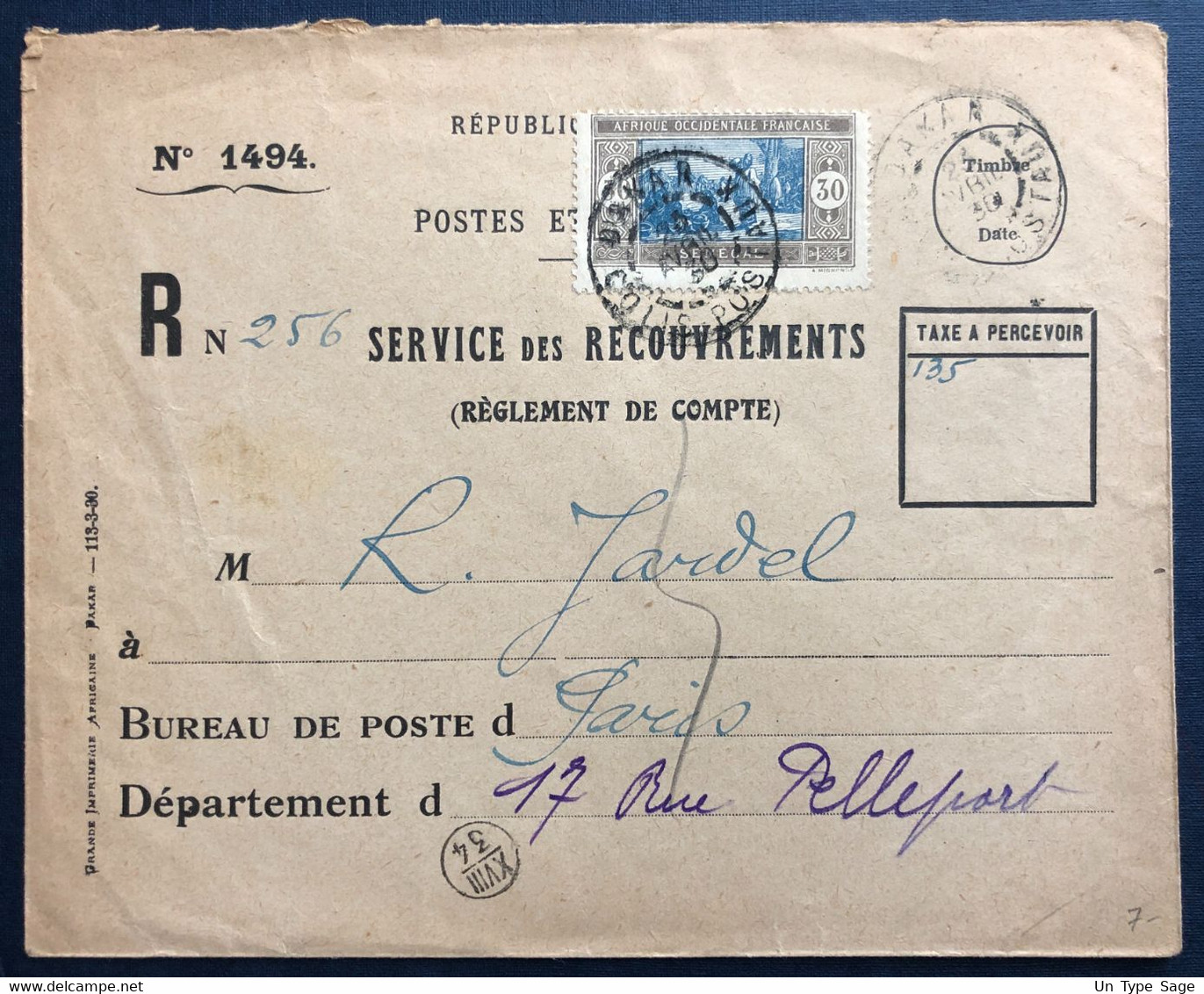 A.O.F. Divers Sur Enveloppe TAD DAKAR COLIS POSTAUX 25.4.1930 - (B1928) - Lettres & Documents