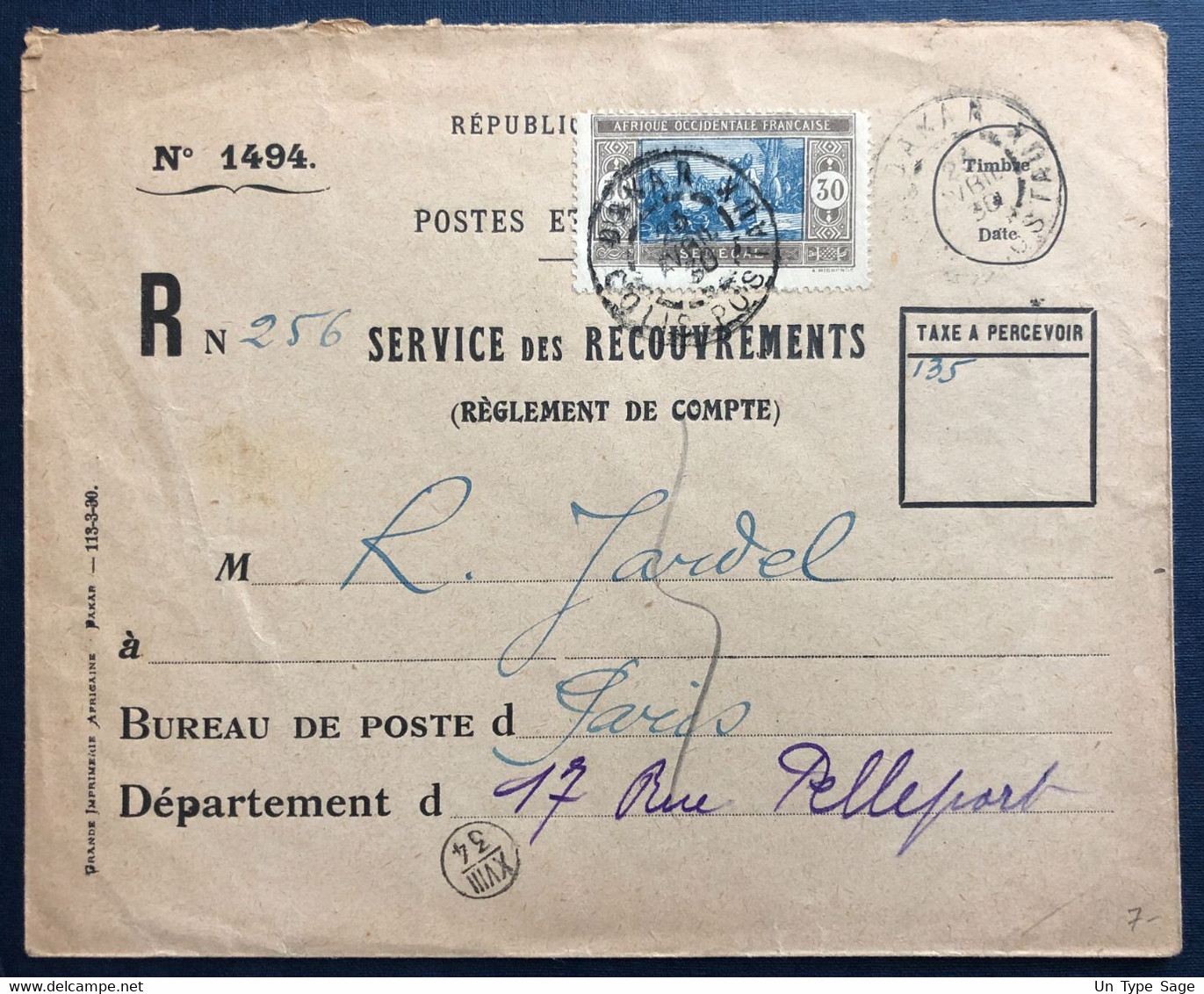 A.O.F. Divers Sur Enveloppe TAD DAKAR COLIS POSTAUX 25.4.1930 - (B4435) - Cartas & Documentos