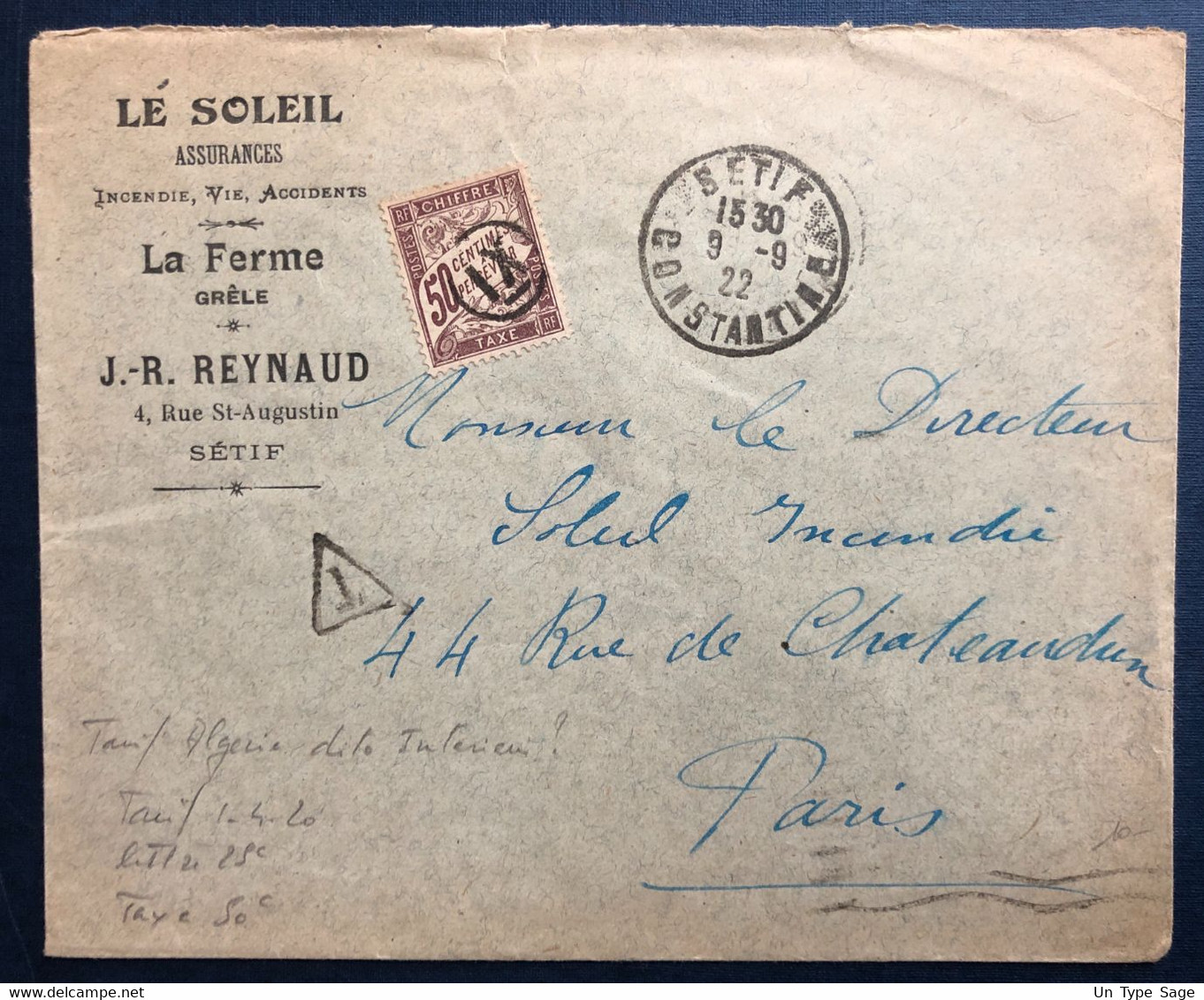 France, Taxe Sur Enveloppe, TAD SETIF, Constantine 9.9.1922 Pour Paris - (B1932) - 1859-1959 Storia Postale