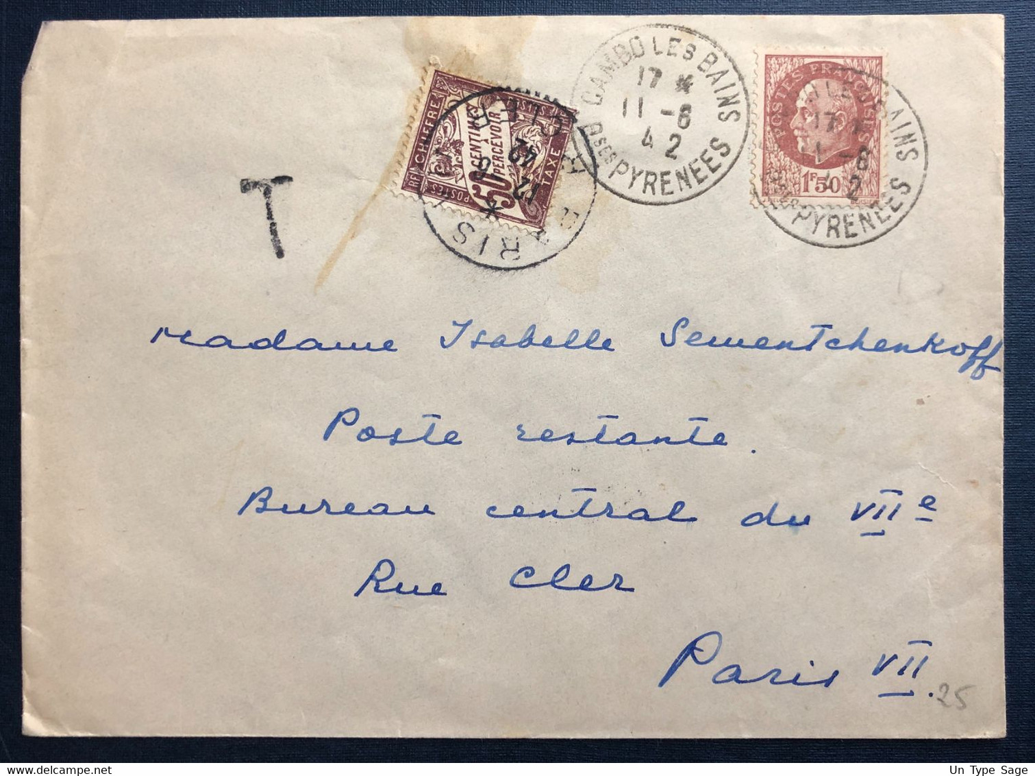 France, Taxe Sur Enveloppe De Cambo-les-Bains, Basses Pyrénées 11.6.1942 - (B4444) - 1859-1959 Briefe & Dokumente