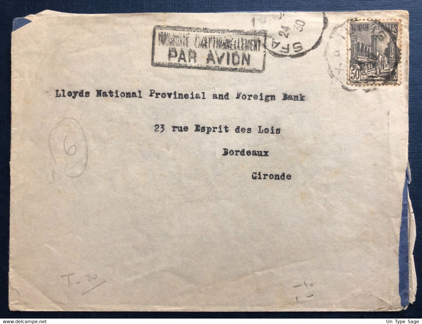 Tunisie, Divers Sur Enveloppe TAD SAFFI 1930 + Griffe TRANSPORTE EXCEPTIONNELLEMENT PAR AVION - (B4447) - Cartas & Documentos