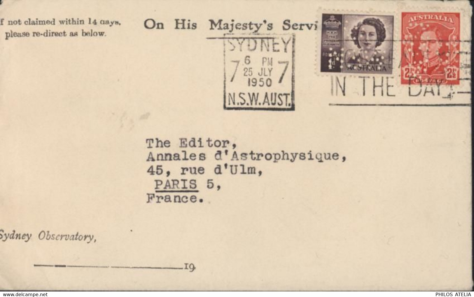 Australia YT N° 155 + 132 Perforés G/NSW CAD Sydney 25 JULY 1950 Eneveloppe On His Majesty's Service - Perforés