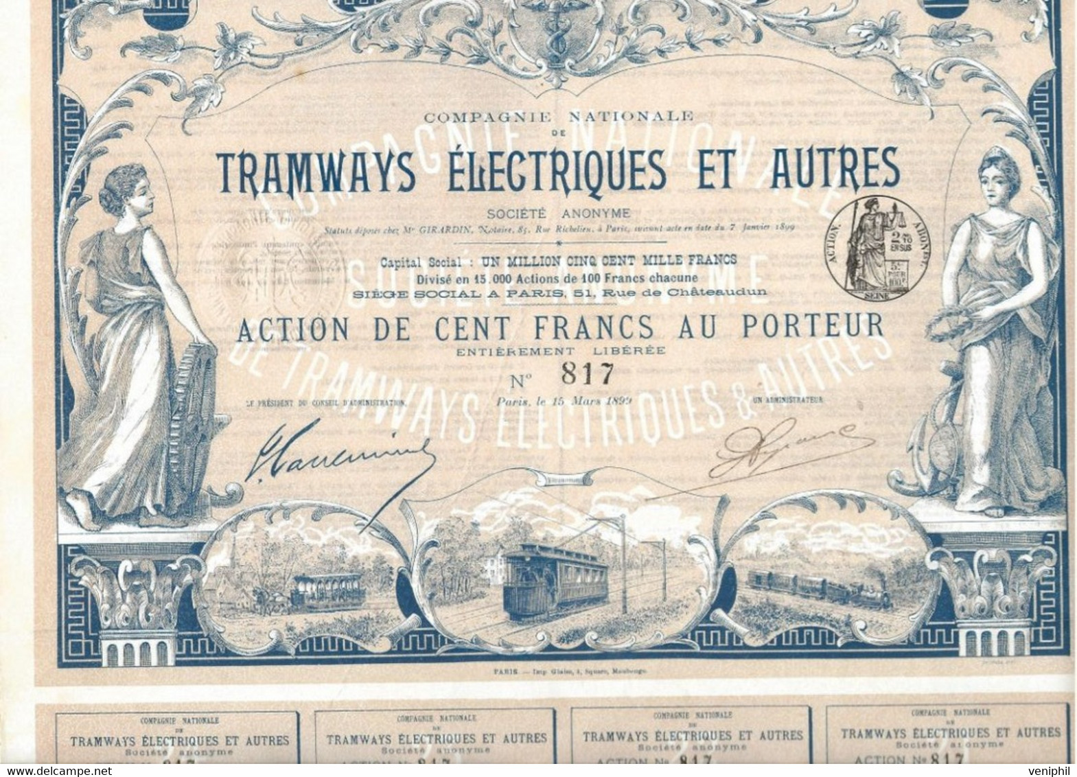 TRAMWAYS ELECTRIQUES ET AUTRES -TRES BELLE ACTION ILLUSTREE DE 100 FRS -ANNEE 1899 - Railway & Tramway