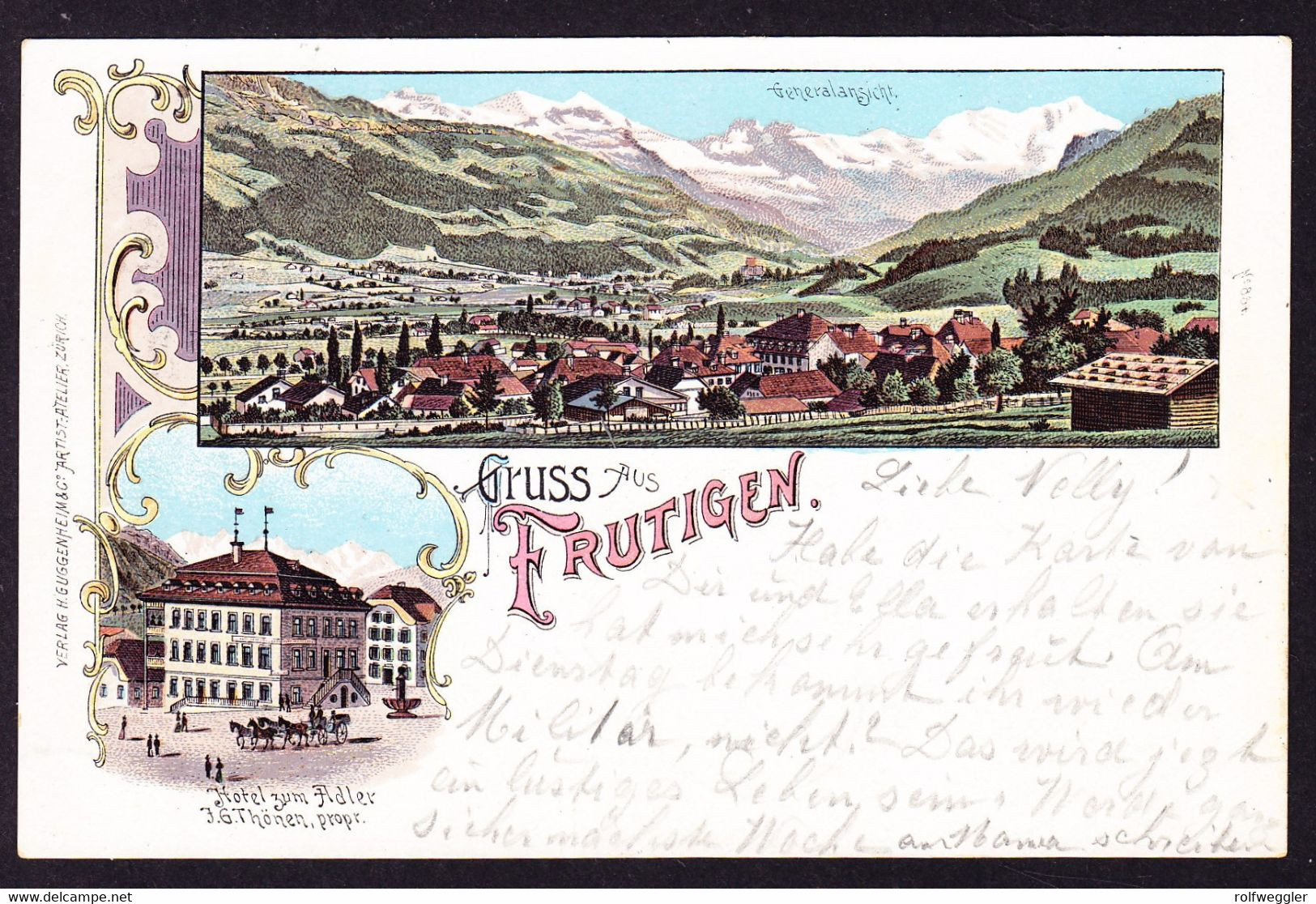 1903 Gelaufene Litho-AK: Gruss Aus Frutigen Mit Hotel Zum Adler. Gestempelt Blausee Und Täufffelen. - Frutigen