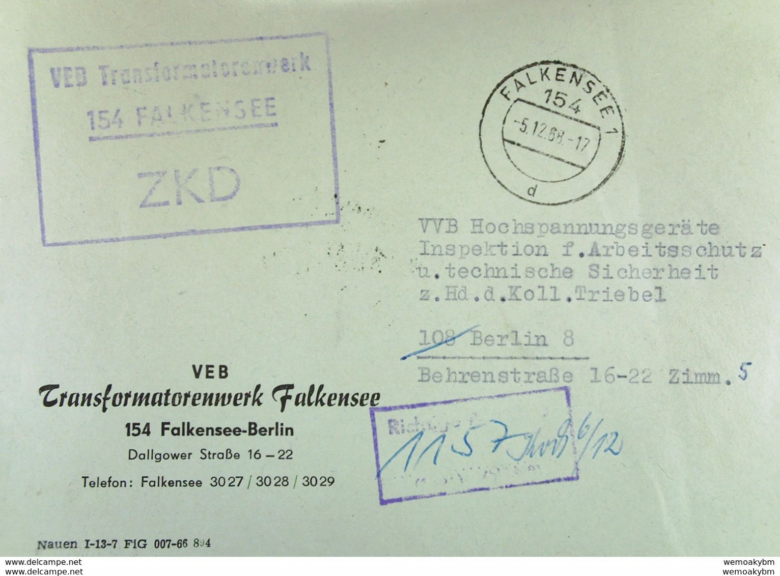 ZKD-Fern-Brief Mit Viol. ZKD-K-St. U. Kontr-Stpl. "Richtige Anschrift (1501) (HPA 8)" OSt. Falkensee Vom 5.12.68 - Central Mail Service