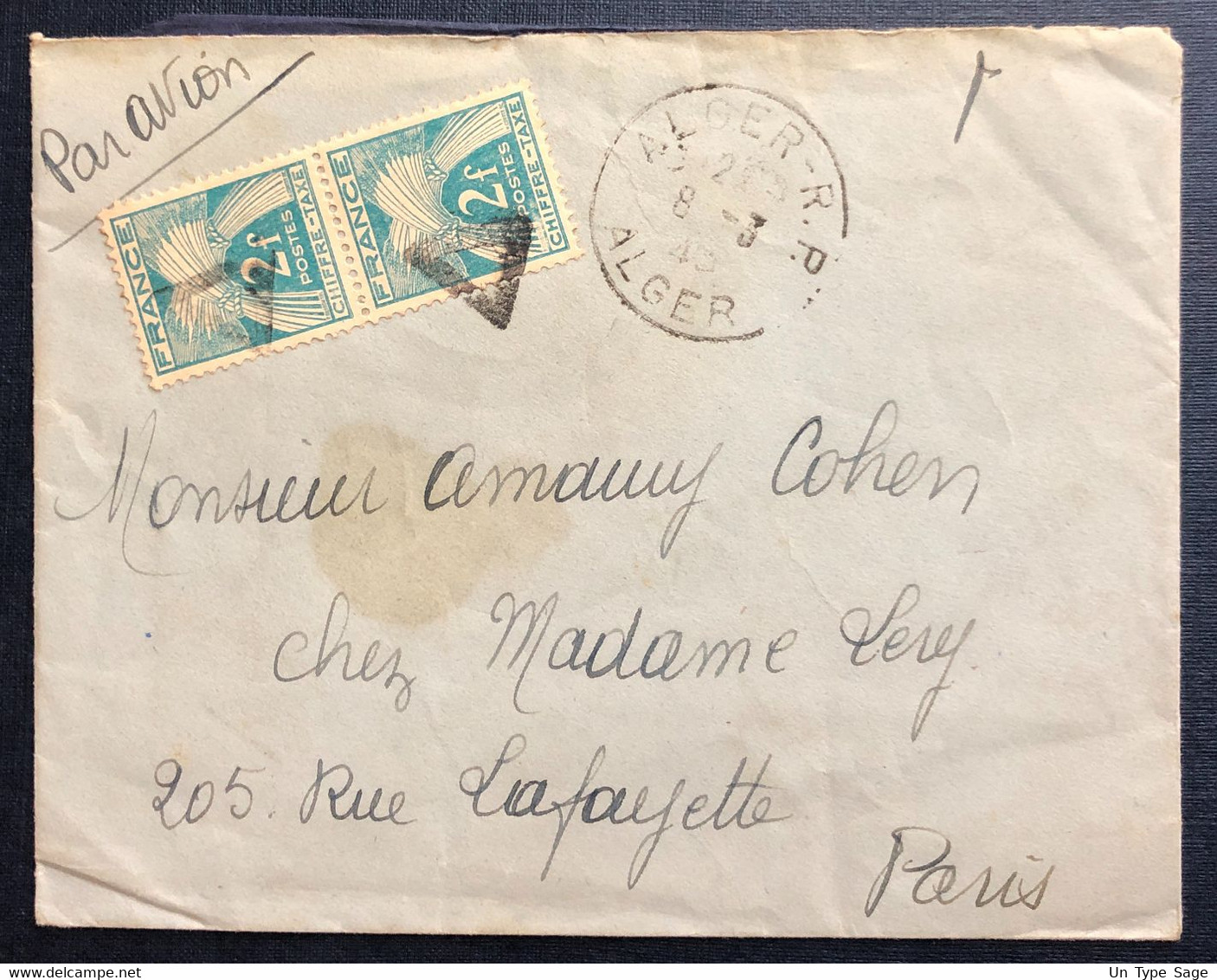 France, Taxe Sur Enveloppe D'Alger R.P., 8.3.1943 - (B1981) - 1859-1959 Storia Postale