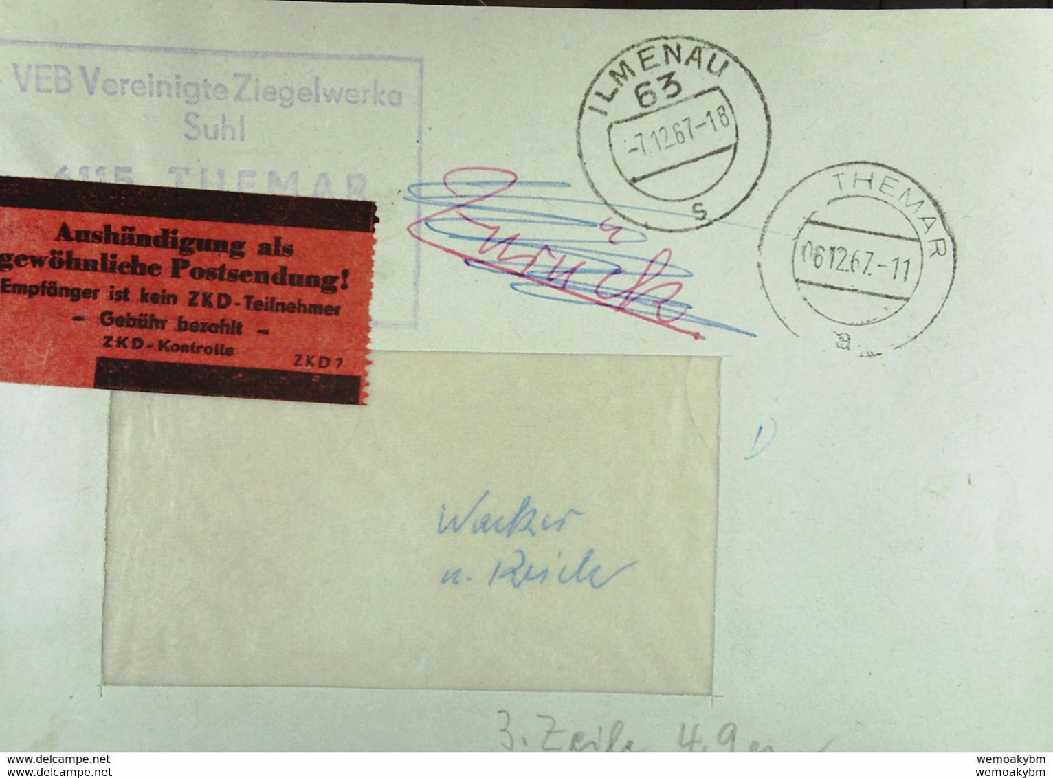 DDR: ZKD-Fern-Brf Mit ZKD-K-St. Und Rotem Aufkleber "Aushändigung Als Gew. Postsendung!.." Themar 6.12.67 Knr: AFS,ZKD 7 - Central Mail Service